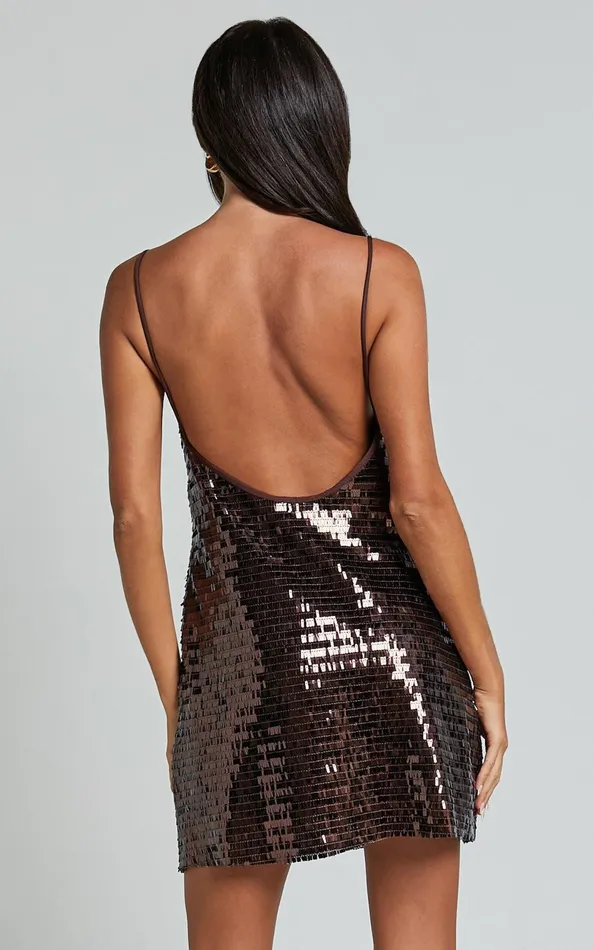 Showpo Marleen Mini Dress 8211 Strappy Low Back Sequin Dress In Chocolate Women Dresses