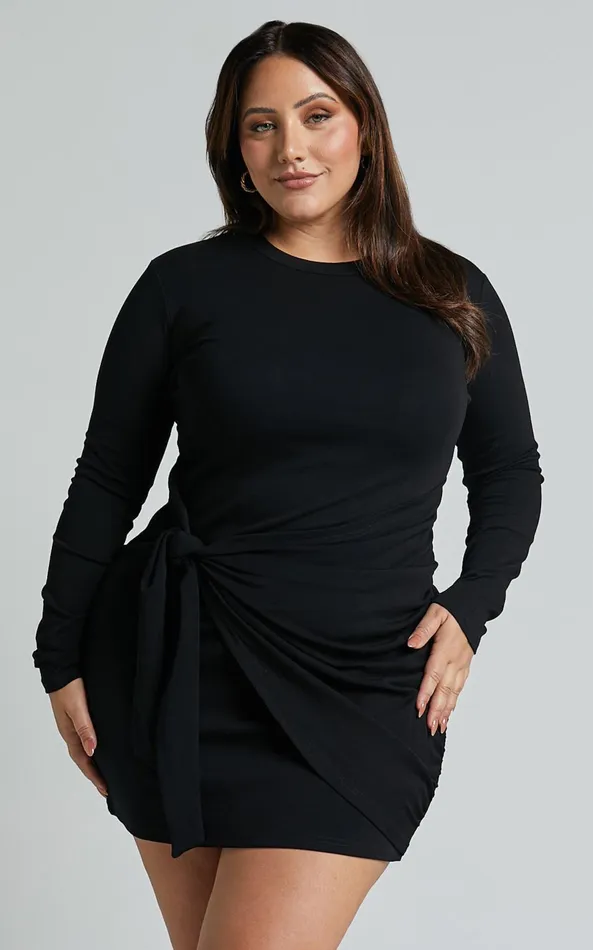 Showpo Marleen Mini Dress 8211 Wrap Front Long Sleeve Bodycon Dress In Black Women Curve Clothes