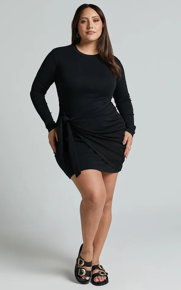 Showpo Marleen Mini Dress 8211 Wrap Front Long Sleeve Bodycon Dress In Black Women Curve Clothes
