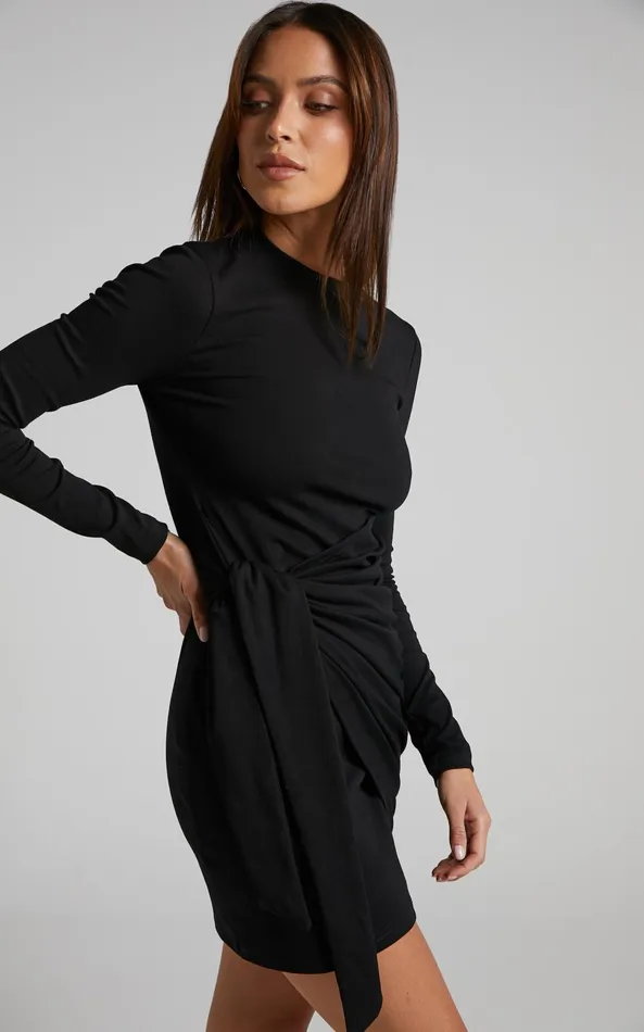 Showpo Marleen Mini Dress 8211 Wrap Front Long Sleeve Bodycon Dress In Black Women Curve Clothes