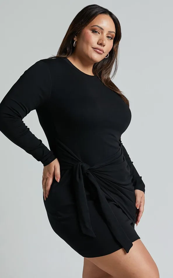 Showpo Marleen Mini Dress 8211 Wrap Front Long Sleeve Bodycon Dress In Black Women Curve Clothes