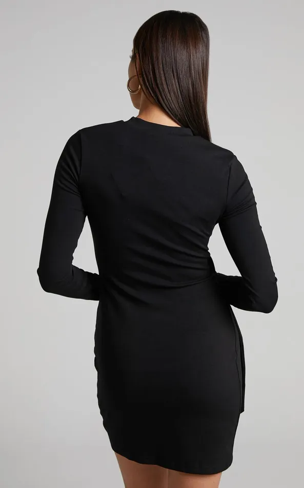 Showpo Marleen Mini Dress 8211 Wrap Front Long Sleeve Bodycon Dress In Black Women Curve Clothes