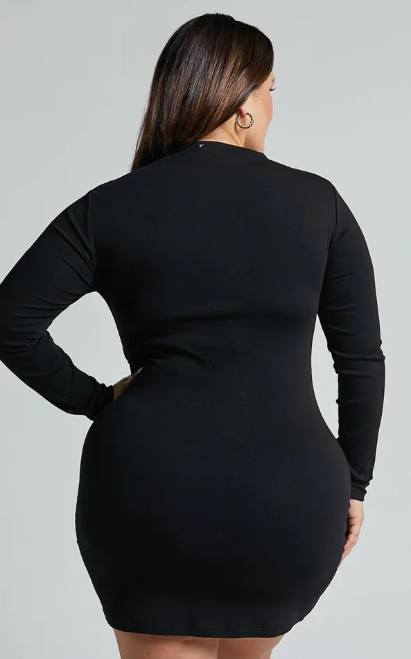 Showpo Marleen Mini Dress 8211 Wrap Front Long Sleeve Bodycon Dress In Black Women Curve Clothes