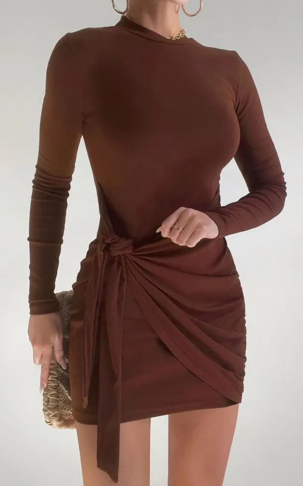 Showpo Marleen Mini Dress 8211 Wrap Front Long Sleeve Bodycon Dress In Dark Oak Women Basics Showpo Marleen Mini Dress 8211 Wrap Front Long Sleeve Bodycon Dress In Dark Oak Women Basics