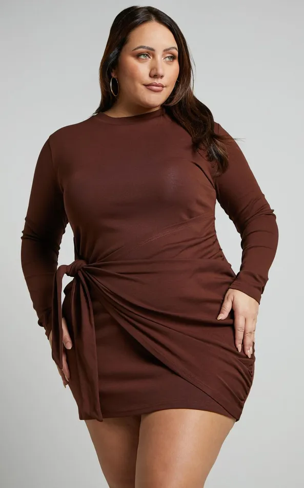 Showpo Marleen Mini Dress 8211 Wrap Front Long Sleeve Bodycon Dress In Dark Oak Women Basics