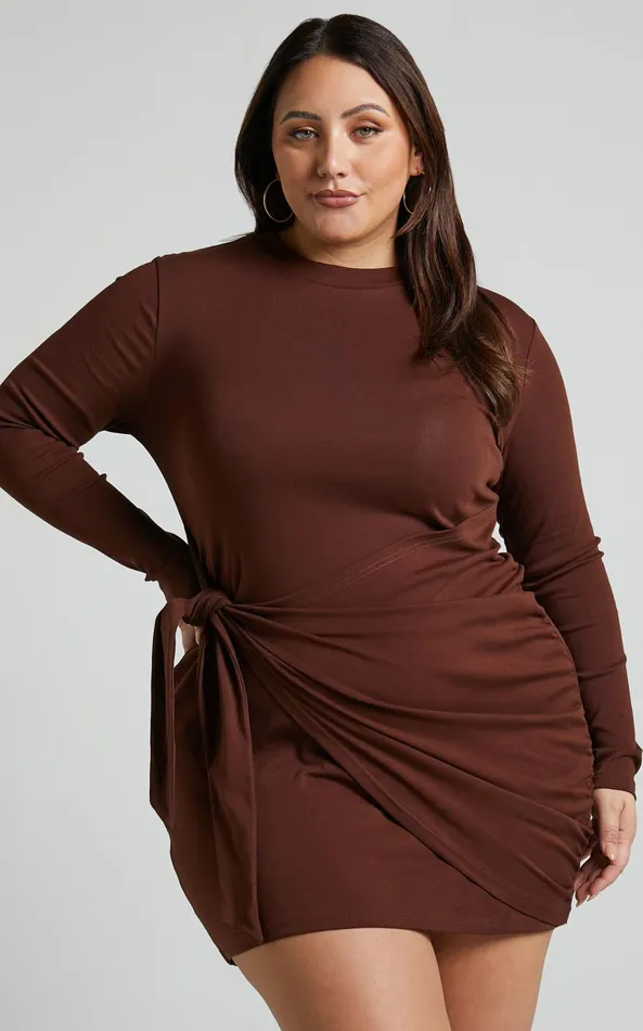 Showpo Marleen Mini Dress 8211 Wrap Front Long Sleeve Bodycon Dress In Dark Oak Women Basics