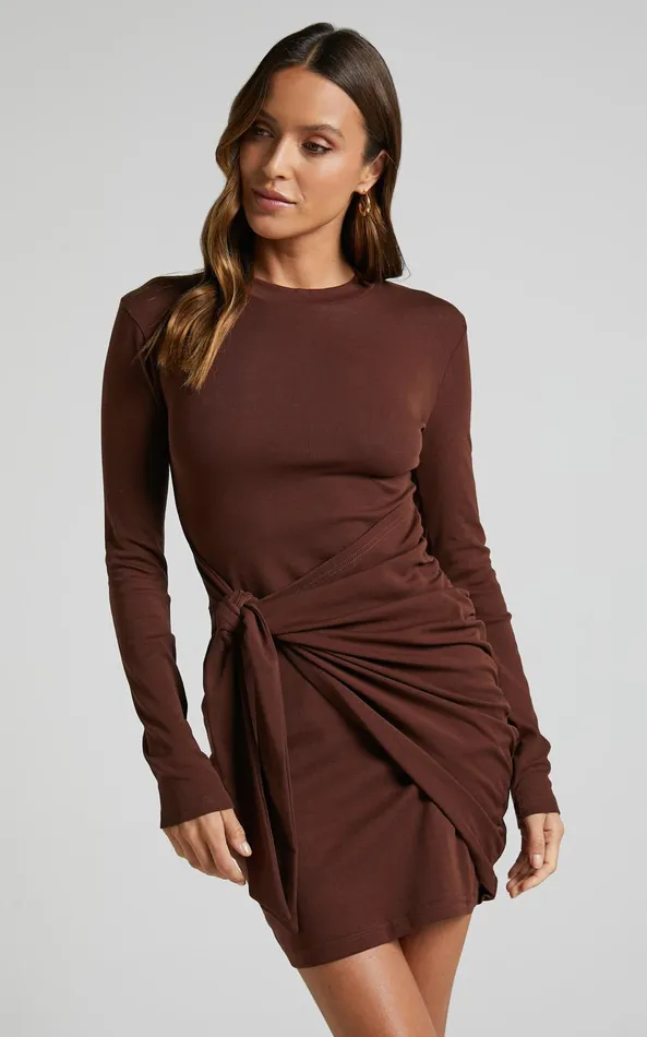 Showpo Marleen Mini Dress 8211 Wrap Front Long Sleeve Bodycon Dress In Dark Oak Women Basics
