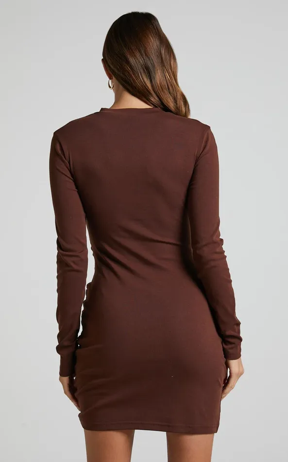 Showpo Marleen Mini Dress 8211 Wrap Front Long Sleeve Bodycon Dress In Dark Oak Women Basics