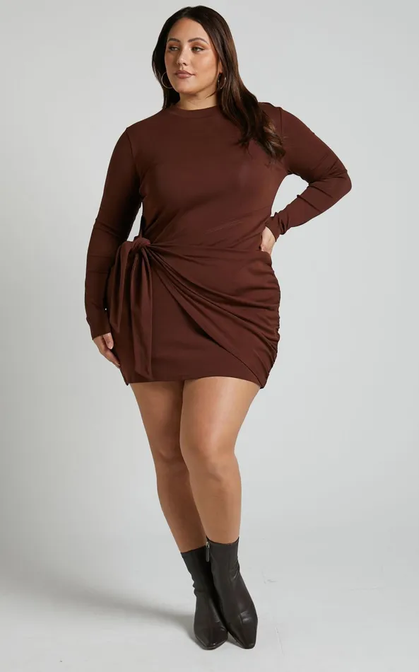 Showpo Marleen Mini Dress 8211 Wrap Front Long Sleeve Bodycon Dress In Dark Oak Women Basics