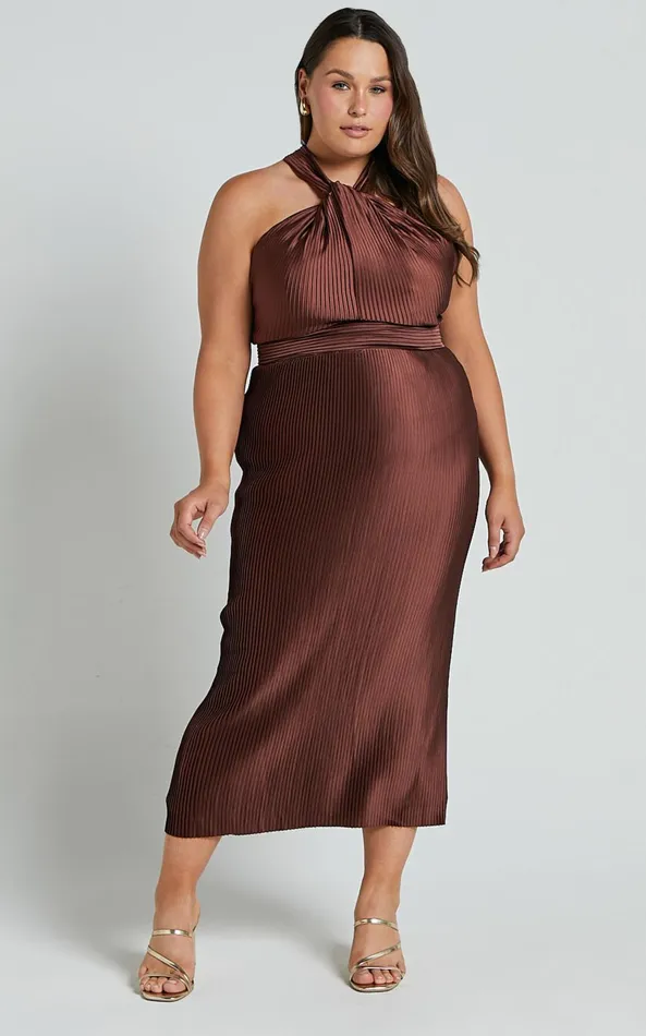 Showpo Marlette Midi Dress 8211 Pleated Open Back Halter Dress In Chocolate Women Dresses