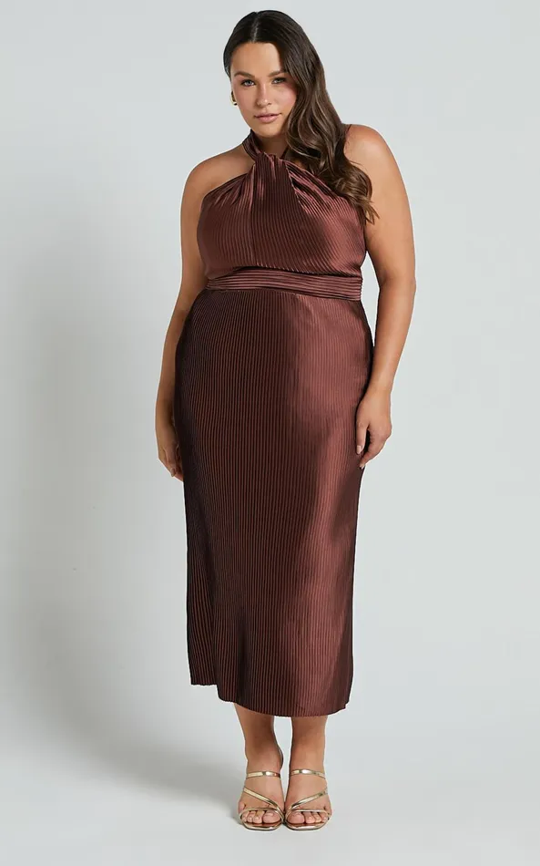 Showpo Marlette Midi Dress 8211 Pleated Open Back Halter Dress In Chocolate Women Dresses