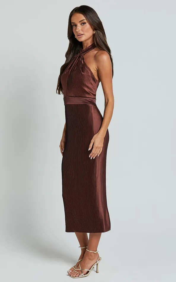 Showpo Marlette Midi Dress 8211 Pleated Open Back Halter Dress In Chocolate Women Dresses