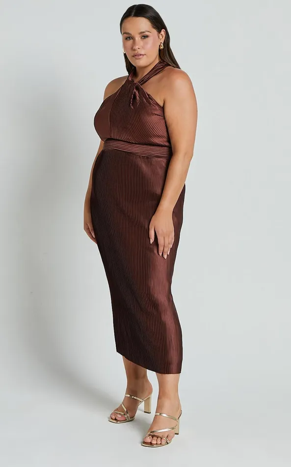 Showpo Marlette Midi Dress 8211 Pleated Open Back Halter Dress In Chocolate Women Dresses