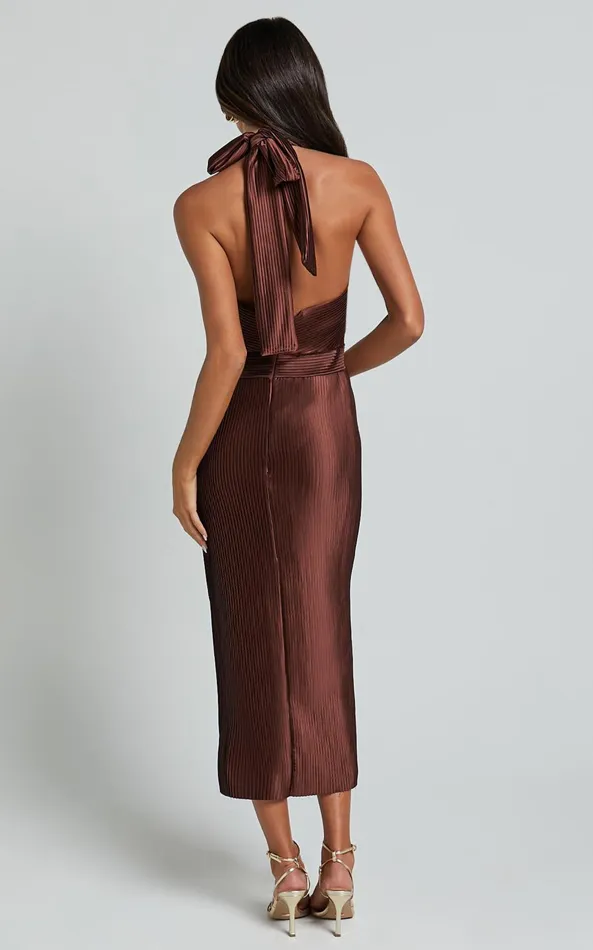 Showpo Marlette Midi Dress 8211 Pleated Open Back Halter Dress In Chocolate Women Dresses