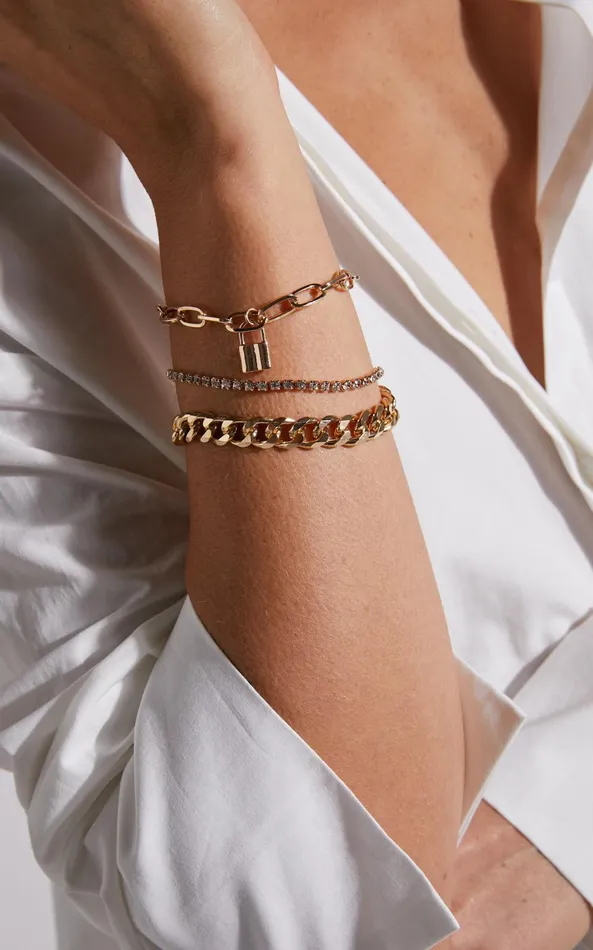 Showpo Marley Chain Lock Multipack Bracelet In Gold Women Bracelets