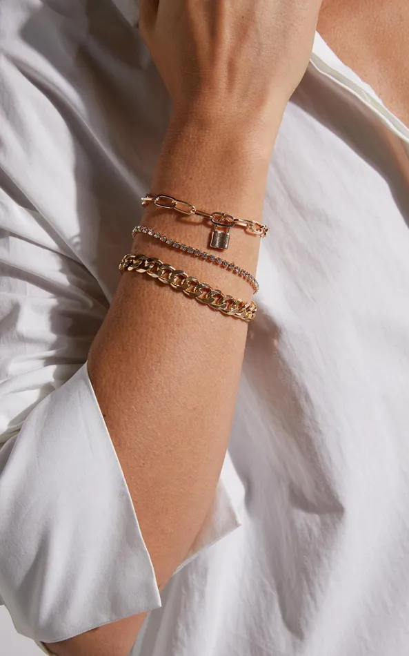 Showpo Marley Chain Lock Multipack Bracelet In Gold Women Bracelets