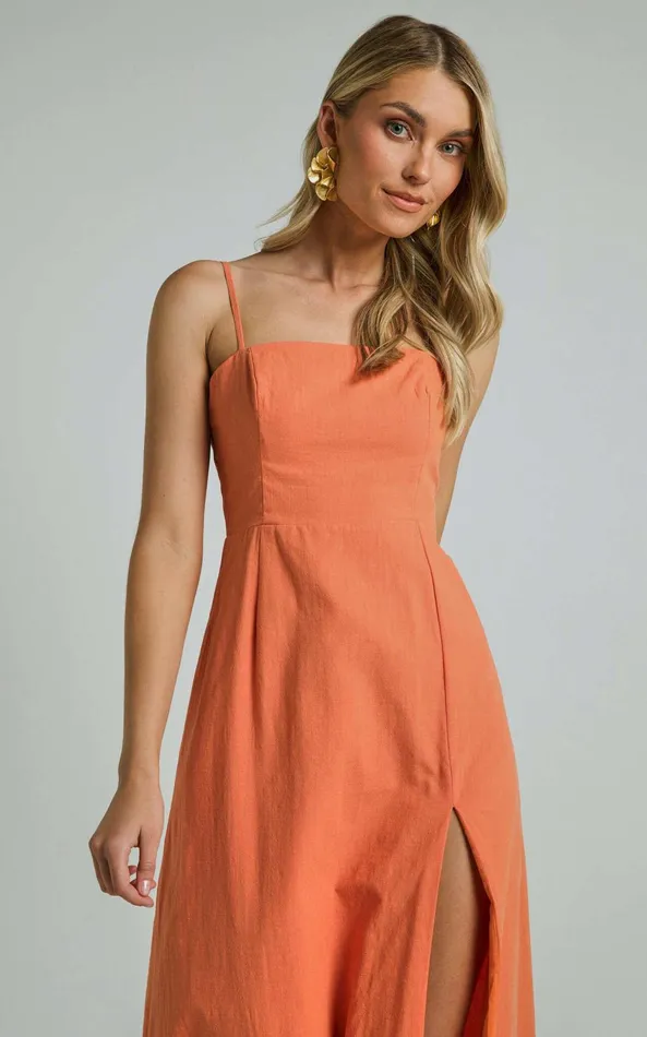 Showpo Marsha Midi Dress 8211 High Split Slip Dress In Orange Women Dresses