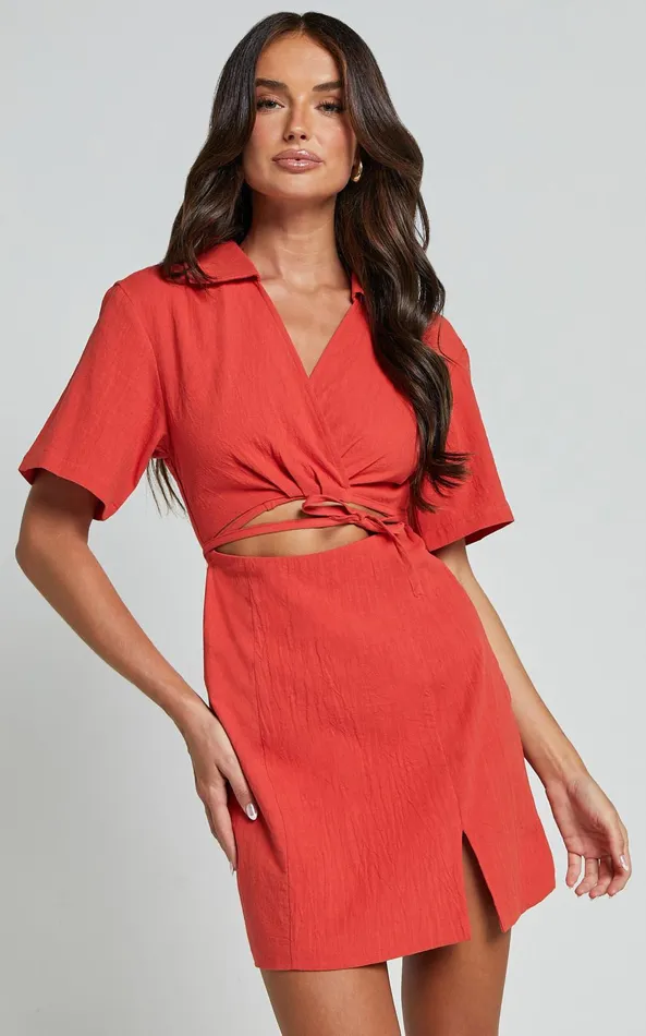Showpo Marsha Mini Dress 8211 Cut Out Short Sleeve Dress In Burnt Orange Women Dresses