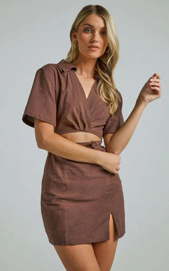 Showpo Marsha Mini Dress 8211 Cut Out Short Sleeve Dress In Chocolate Women Dresses