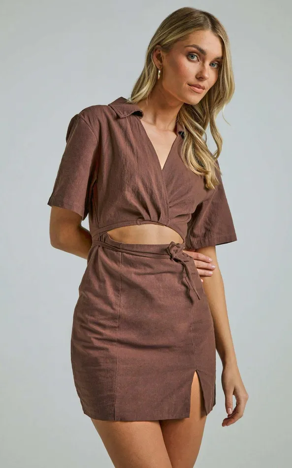 Showpo Marsha Mini Dress 8211 Cut Out Short Sleeve Dress In Chocolate Women Dresses