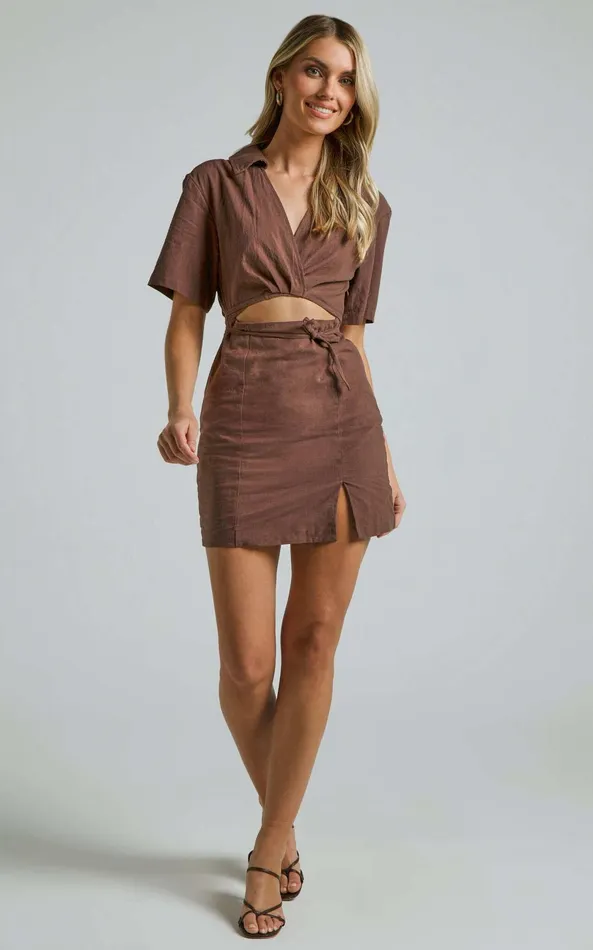 Showpo Marsha Mini Dress 8211 Cut Out Short Sleeve Dress In Chocolate Women Dresses