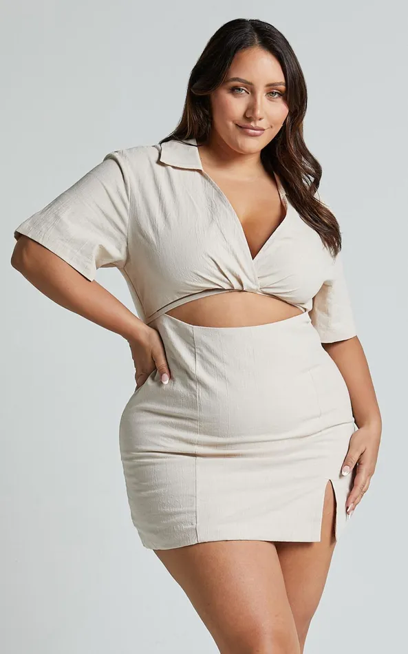 Showpo Marsha Mini Dress 8211 Cut Out Short Sleeve Dress In Natural Women Curve Clothes