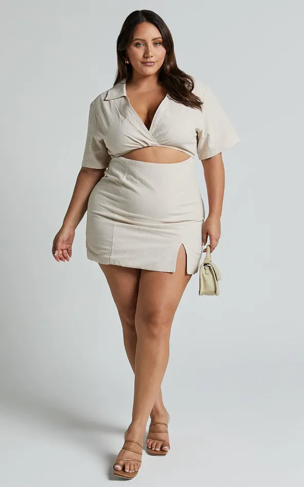 Showpo Marsha Mini Dress 8211 Cut Out Short Sleeve Dress In Natural Women Curve Clothes