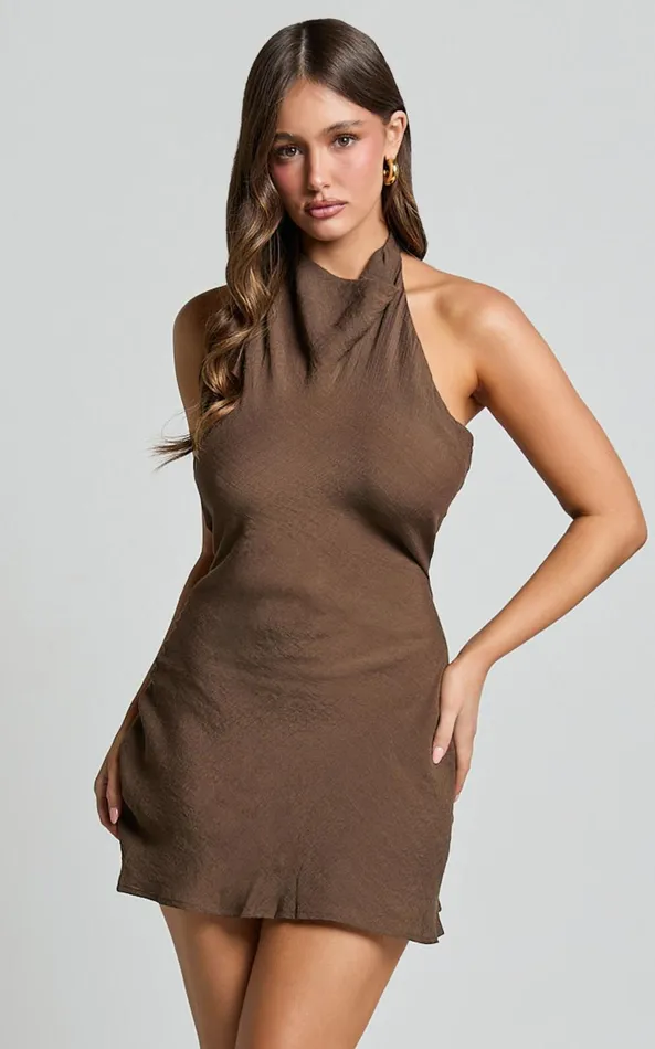 Showpo Martine Mini Dress 8211 Halter Cowl Neck Low Tie Back Dress In Brown Women Dresses