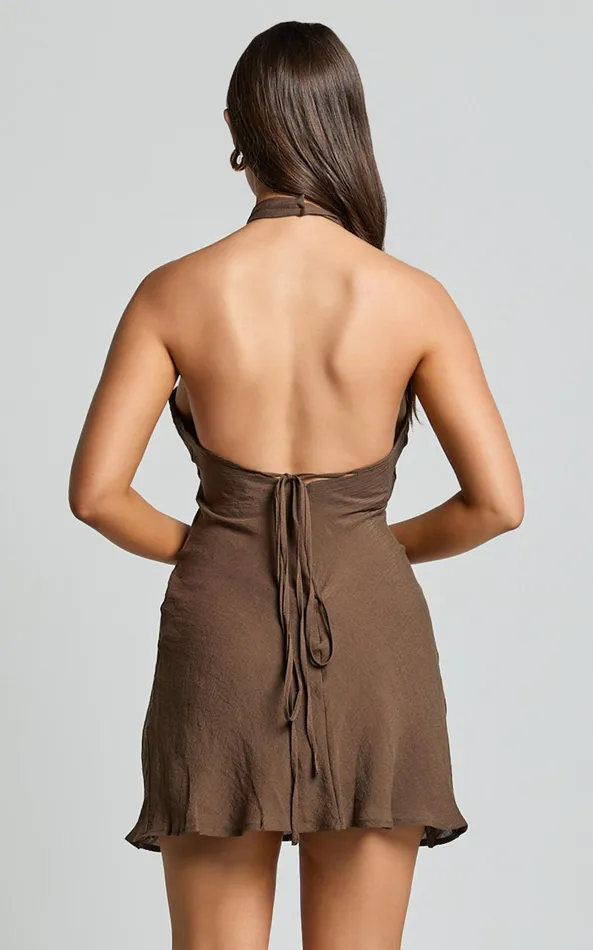 Showpo Martine Mini Dress 8211 Halter Cowl Neck Low Tie Back Dress In Brown Women Dresses