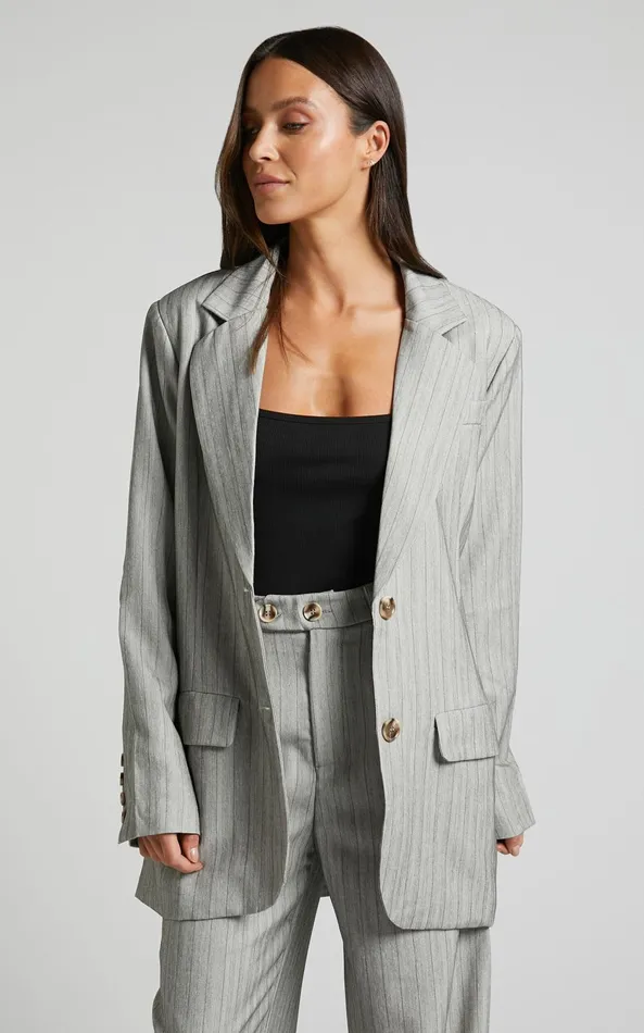 Showpo Maryanne Blazer 8211 Oversized Blazer In Grey Pinstripe Women Jackets and Coats Showpo Maryanne Blazer 8211 Oversized Blazer In Grey Pinstripe Women Jackets and Coats
