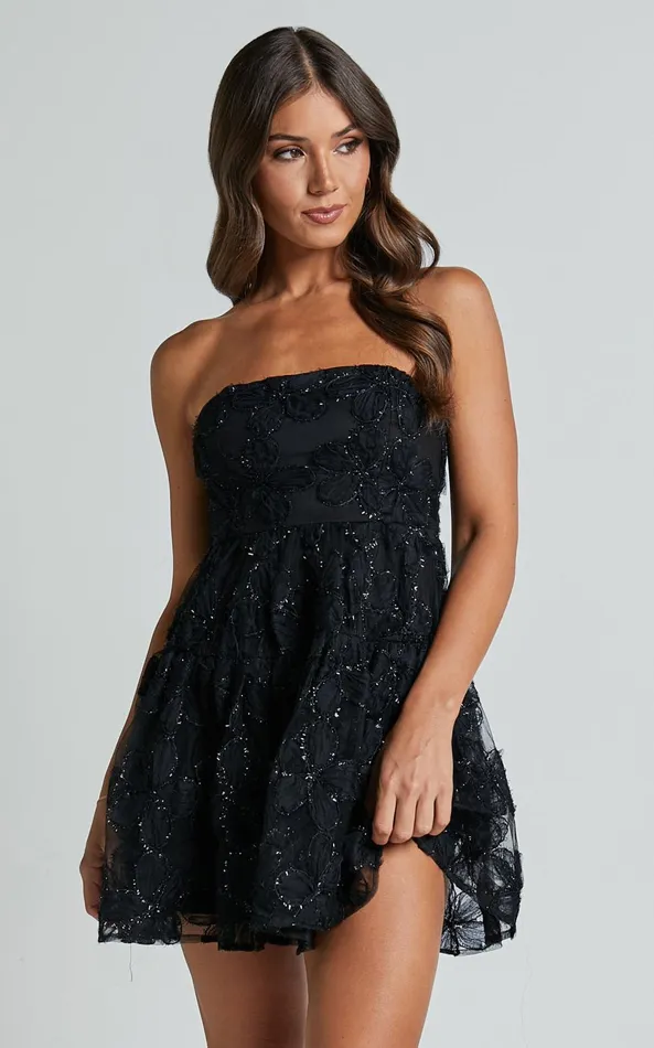 Showpo Marzy Mini Dress 8211 Strapless Floral Detail Lace Fit And Flare Dress In Black Women Dresses