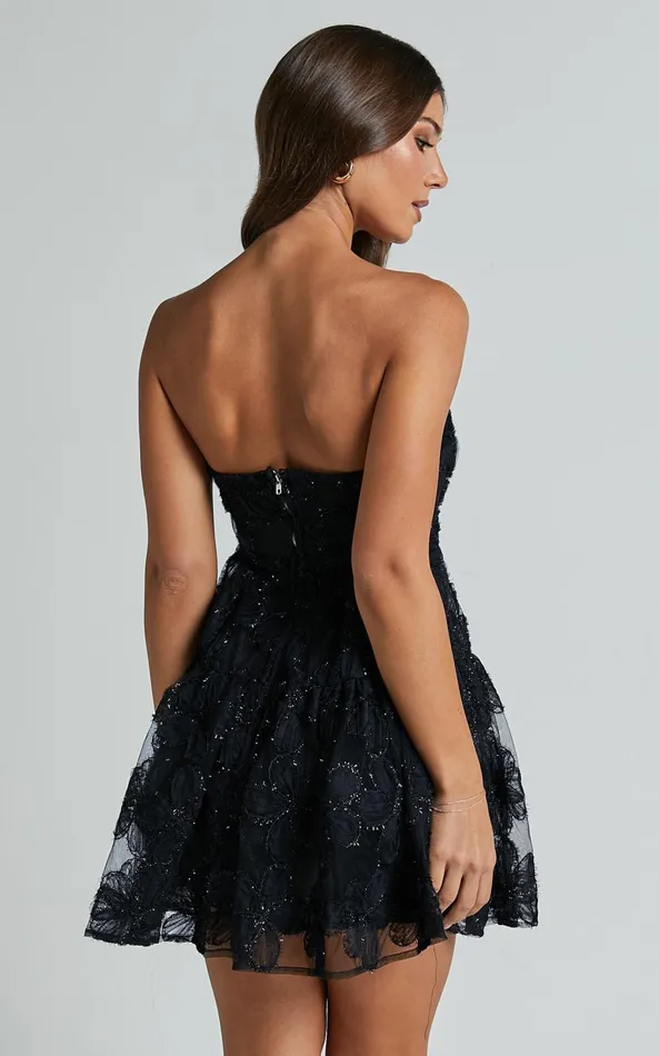 Showpo Marzy Mini Dress 8211 Strapless Floral Detail Lace Fit And Flare Dress In Black Women Dresses