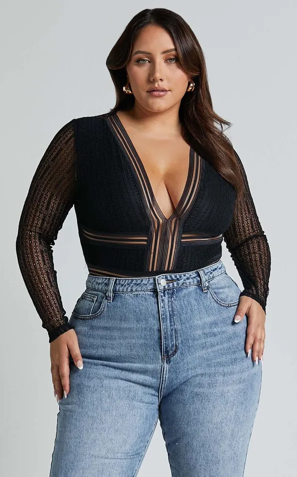 Showpo Masharie Bodysuit 8211 Plunge Neck Open Back Lace Bodysuit In Black Women Curve Clothes