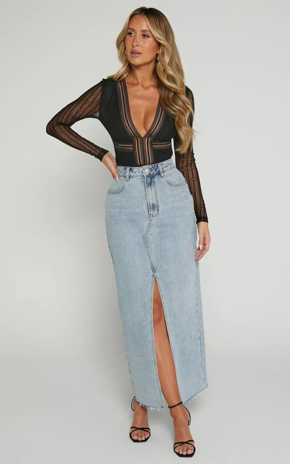 Showpo Masharie Bodysuit 8211 Plunge Neck Open Back Lace Bodysuit In Black Women Curve Clothes