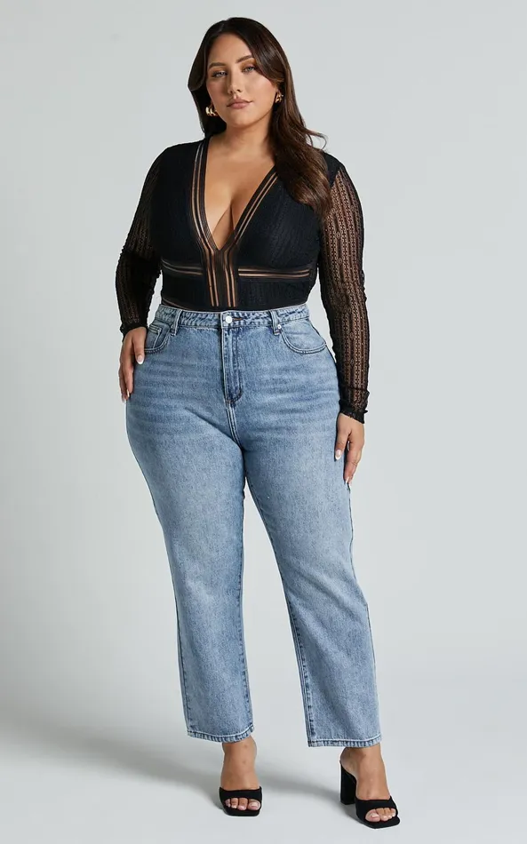 Showpo Masharie Bodysuit 8211 Plunge Neck Open Back Lace Bodysuit In Black Women Curve Clothes