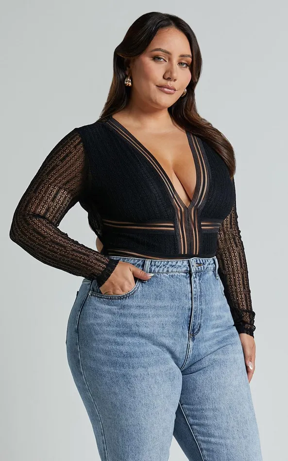 Showpo Masharie Bodysuit 8211 Plunge Neck Open Back Lace Bodysuit In Black Women Curve Clothes