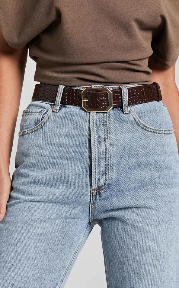 Showpo Mason Croc Square Buckle Belt In Chocolate Women Belts