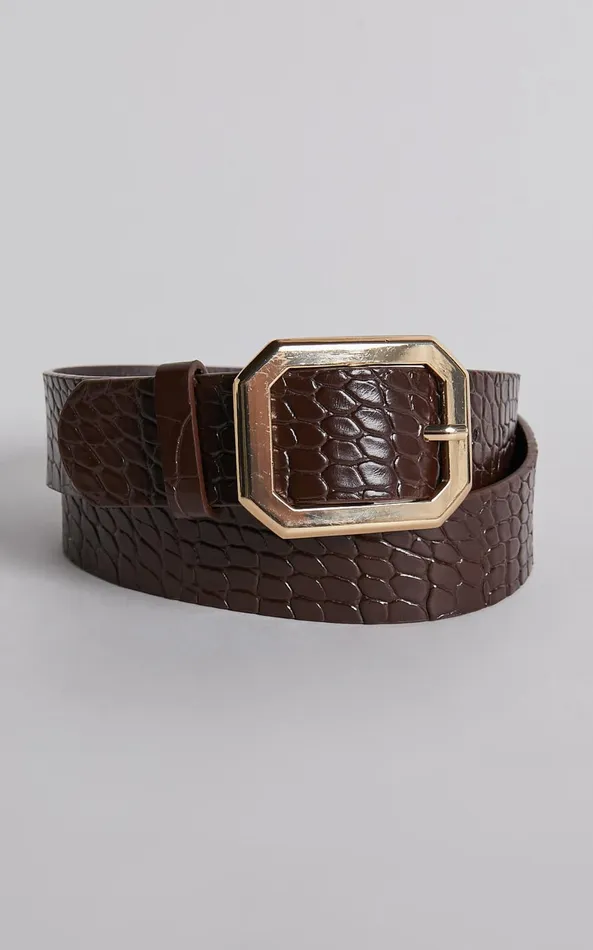 Showpo Mason Croc Square Buckle Belt In Chocolate Women Belts