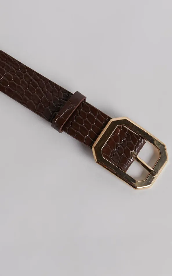 Showpo Mason Croc Square Buckle Belt In Chocolate Women Belts