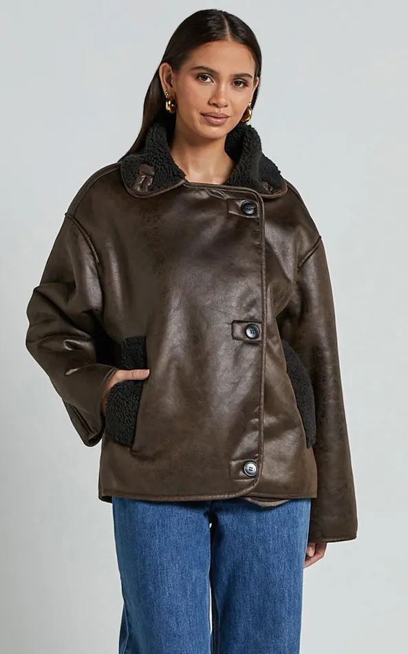 Showpo Matilda Jacket 8211 PU Borg Collar Jacket In Brown Women Jackets and Coats