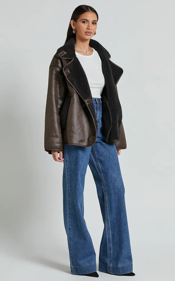 Showpo Matilda Jacket 8211 PU Borg Collar Jacket In Brown Women Jackets and Coats