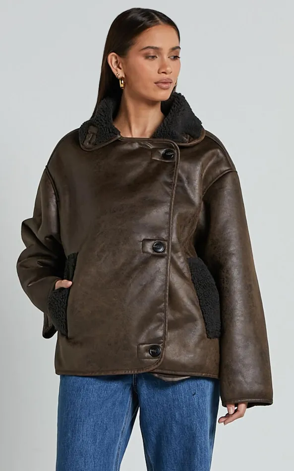 Showpo Matilda Jacket 8211 PU Borg Collar Jacket In Brown Women Jackets and Coats
