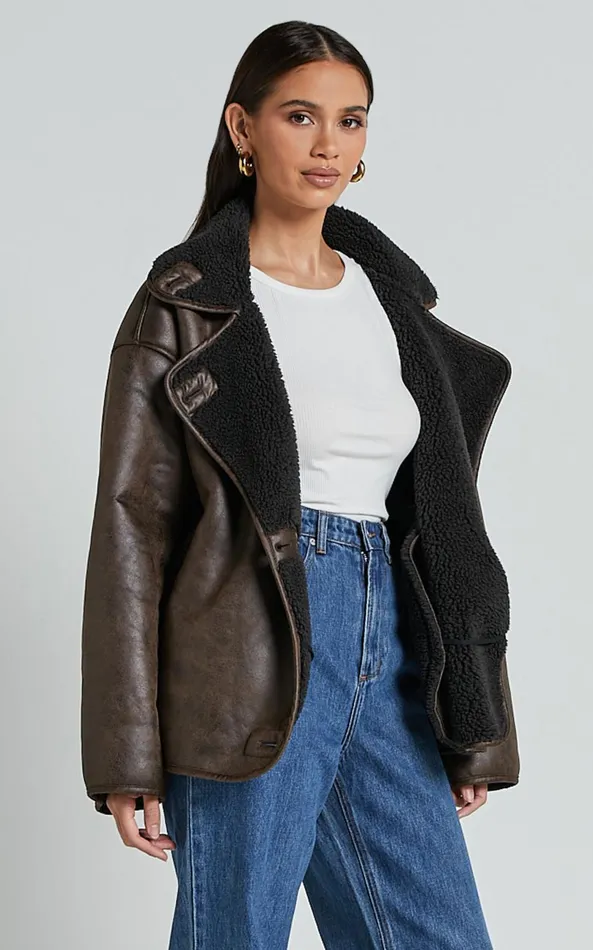 Showpo Matilda Jacket 8211 PU Borg Collar Jacket In Brown Women Jackets and Coats