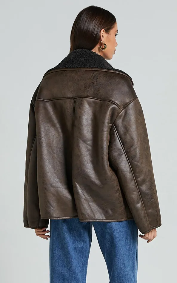 Showpo Matilda Jacket 8211 PU Borg Collar Jacket In Brown Women Jackets and Coats