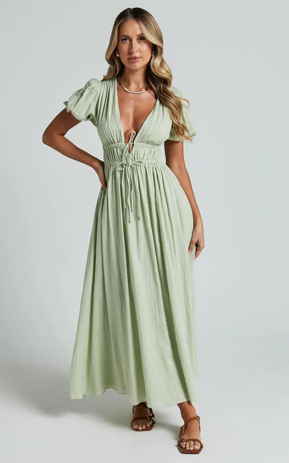 Showpo Matteo Midi Dress 8211 Deep V Neck Puff Sleeve Dress In Sage Women Dresses Showpo Matteo Midi Dress 8211 Deep V Neck Puff Sleeve Dress In Sage Women Dresses