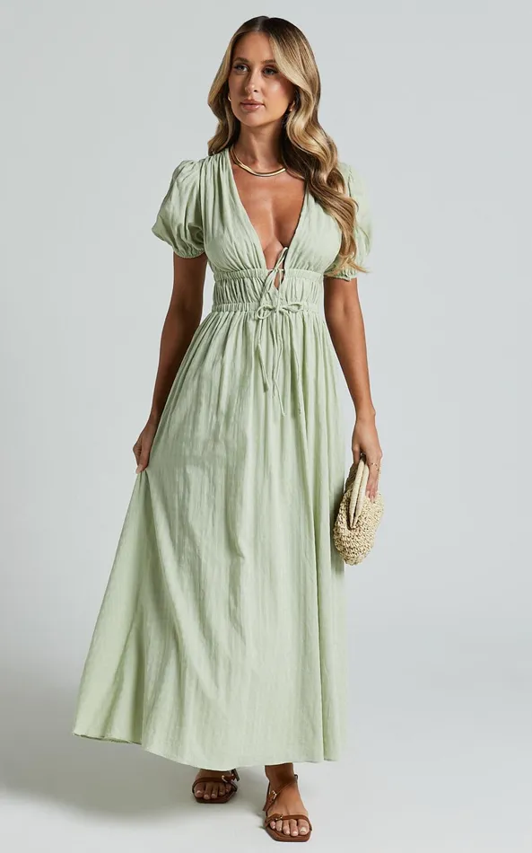 Showpo Matteo Midi Dress 8211 Deep V Neck Puff Sleeve Dress In Sage Women Dresses