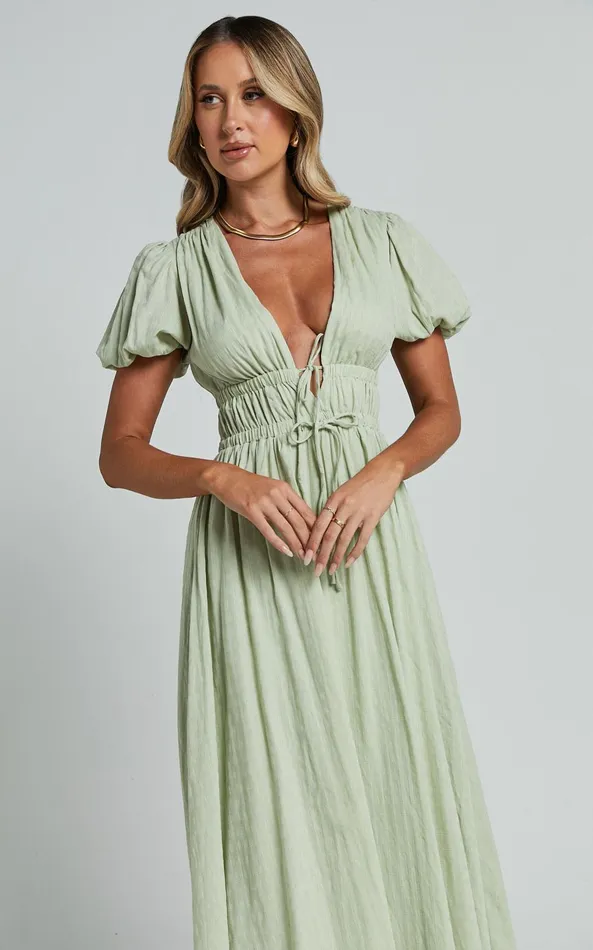 Showpo Matteo Midi Dress 8211 Deep V Neck Puff Sleeve Dress In Sage Women Dresses