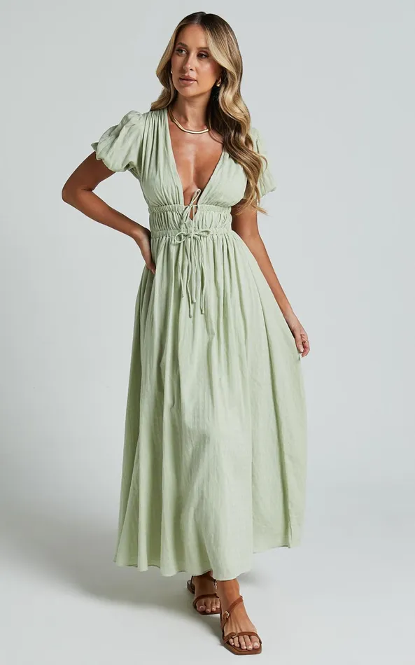 Showpo Matteo Midi Dress 8211 Deep V Neck Puff Sleeve Dress In Sage Women Dresses
