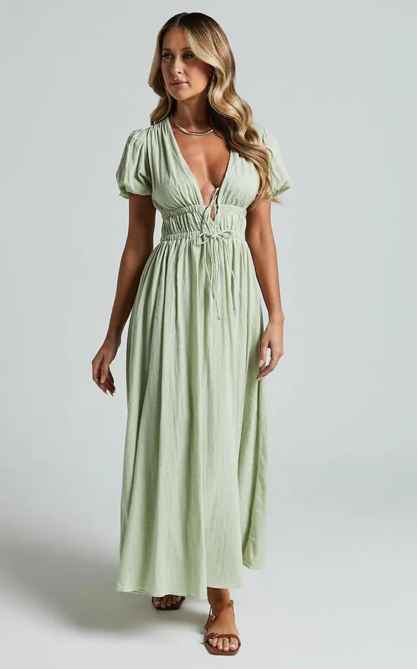 Showpo Matteo Midi Dress 8211 Deep V Neck Puff Sleeve Dress In Sage Women Dresses