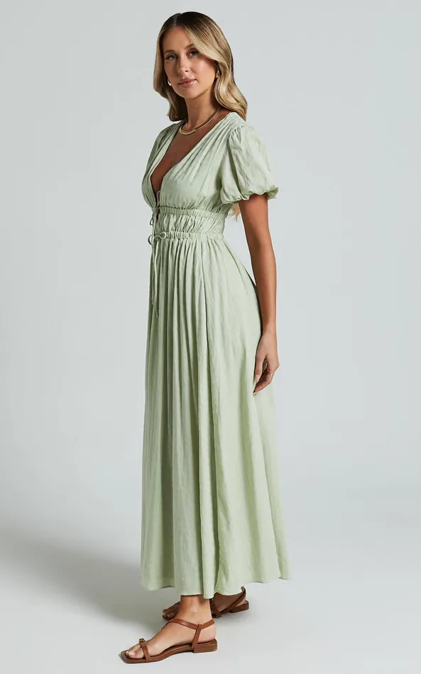 Showpo Matteo Midi Dress 8211 Deep V Neck Puff Sleeve Dress In Sage Women Dresses